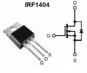 Pullout MOSFET IRF1404 Irf 1404 - a black TO-220 package with three metal pins and a circuit diagram of the component with Gate, Drain, and Source terminals.