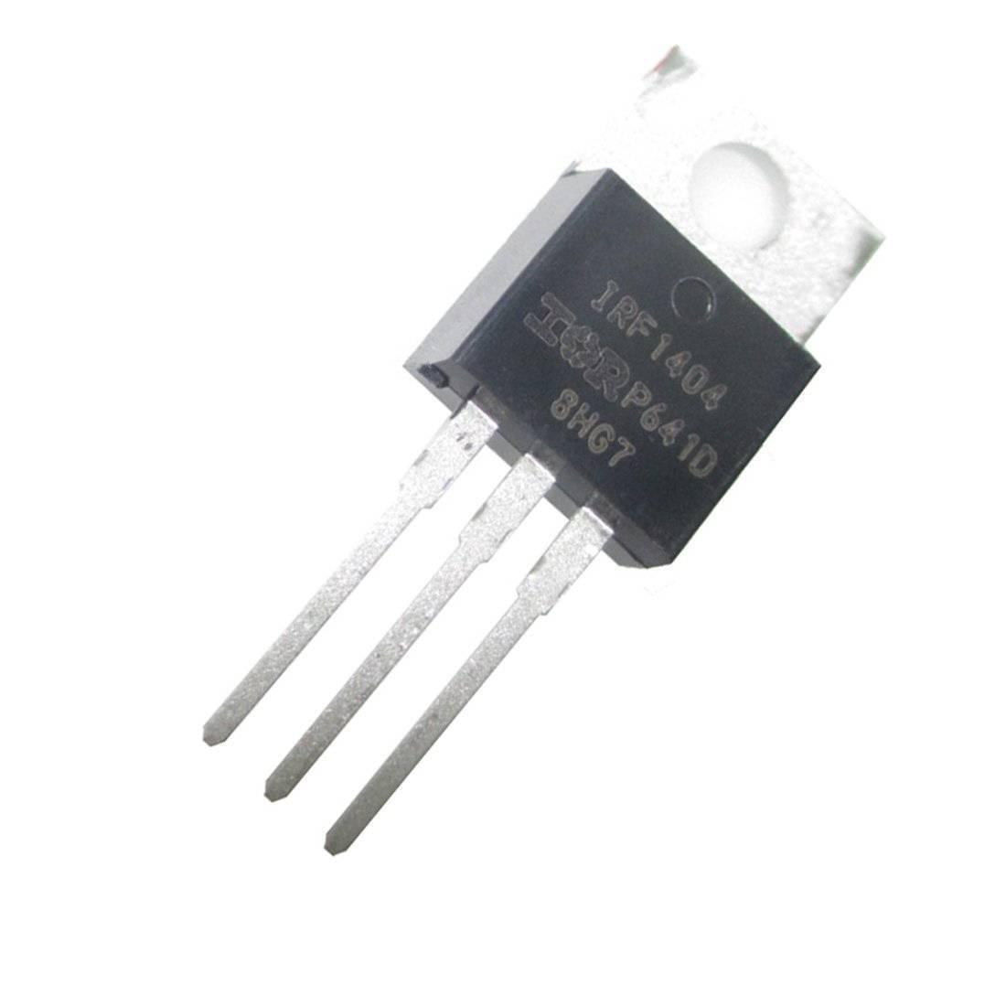 Pullout MOSFET IRF1404 Irf 1404 - a black electronic component with a metallic top tab and three downward-facing pins, featuring white printed text on its face.
