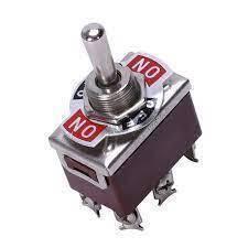 Push Switch Dpdt Toggle Switch - a silver metal toggle lever mounted on a brown rectangular base with six screw terminals and red "ON" labels.