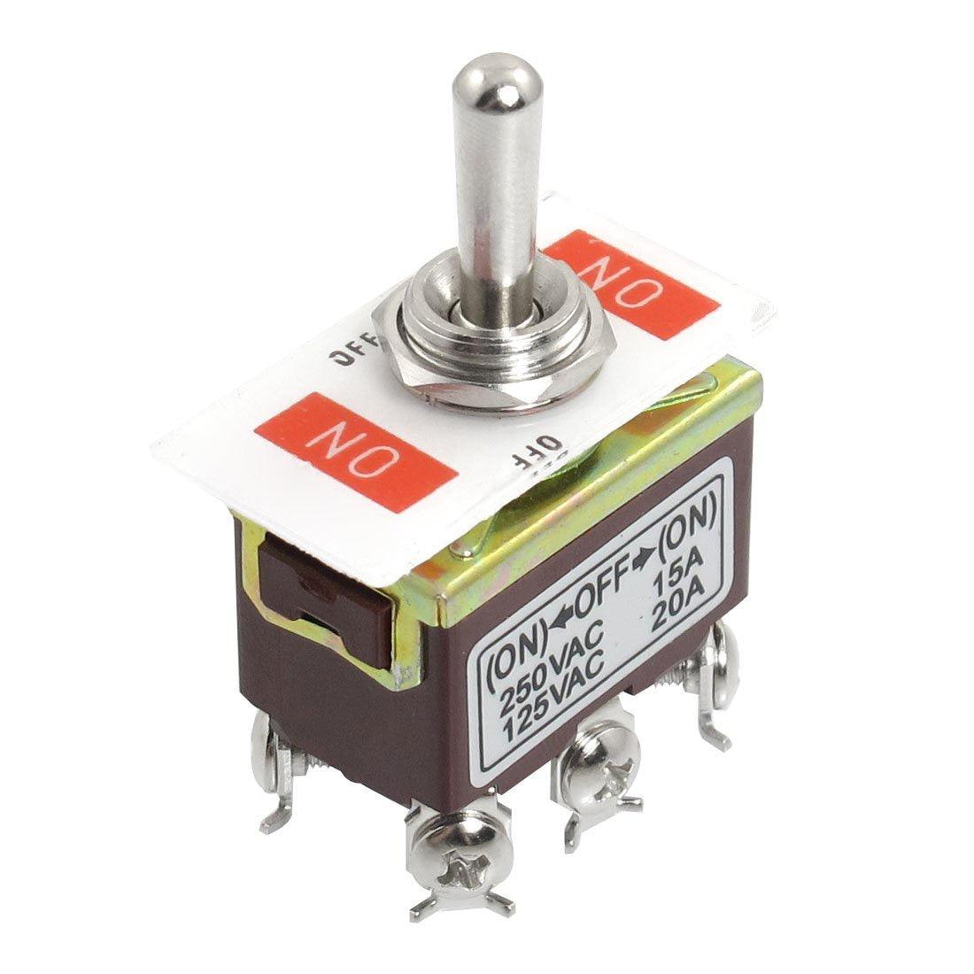 Push Switch Dpdt Toggle Switch - a metal lever, a white switch plate labeled "NO" and "OFF," and a brown base with three screw terminals.