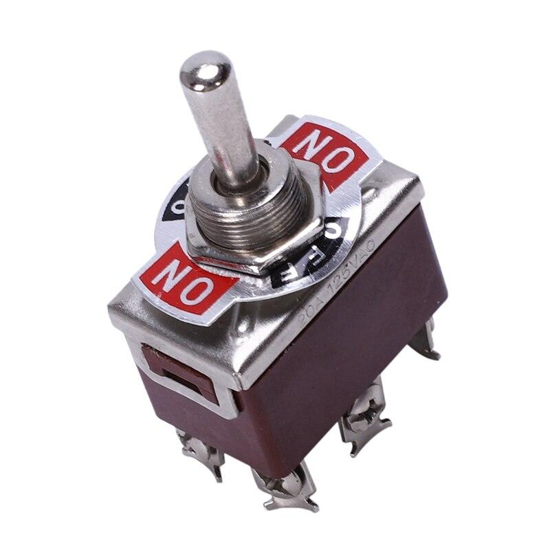 Push Switch Dpdt Toggle Switch - a silver metal toggle lever on a brown rectangular base with screw terminals and a red "ON-OFF-ON" position plate.