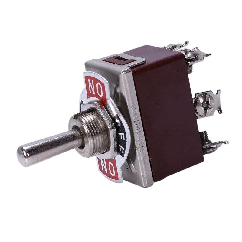 Push Switch Dpdt Toggle Switch - a silver metal toggle lever on a brown rectangular base with three visible screw terminals and a red ON-OFF-ON label.