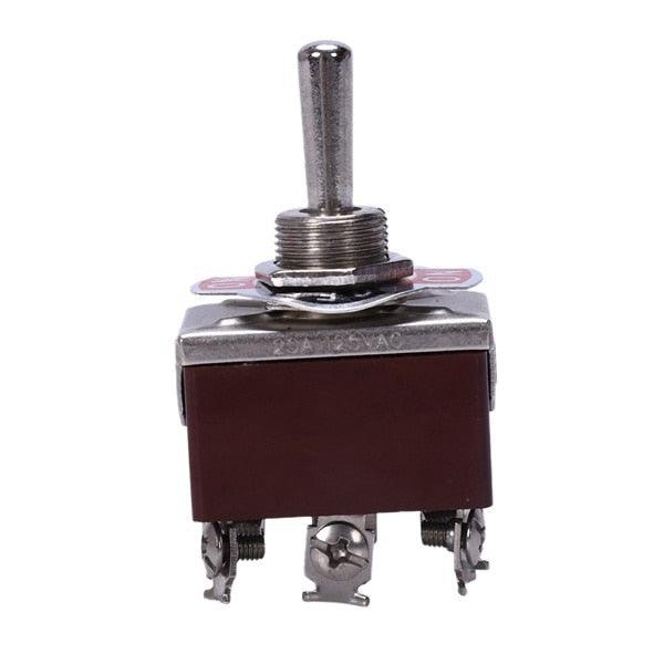 Push Switch Dpdt Toggle Switch - a silver-coloured metal toggle switch with a brown rectangular base and three screw terminals on the bottom.