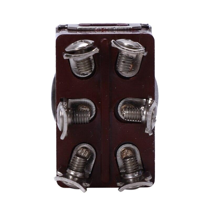 Push Switch Dpdt Toggle Switch - a close-up of the brown rectangular base with six metal screw terminals arranged in two vertical columns.