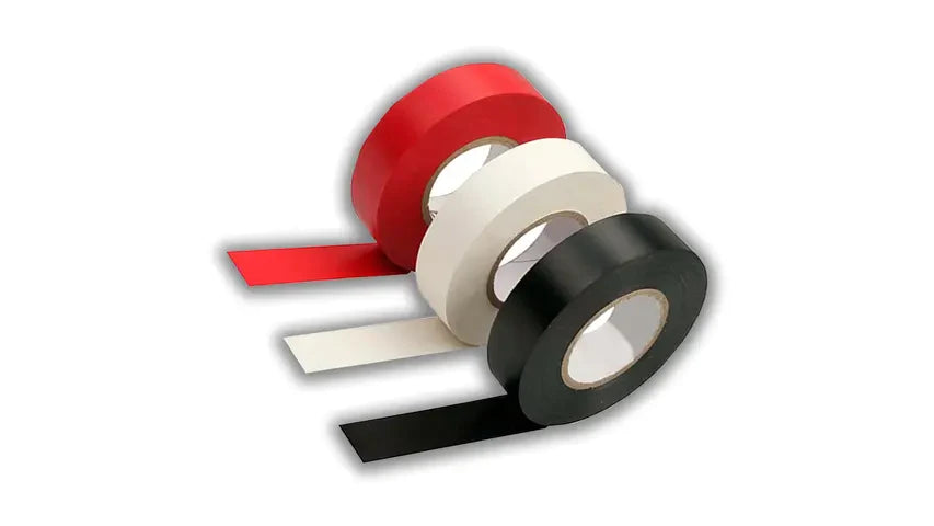 PVC Electrical Insulation Tape - shown as three rolls in red, white, and black, each with a short length of tape extended from the spool.