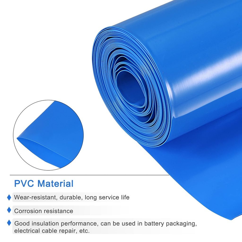 PVC Heat Shrink Blue Tube 1meter - shown as a coiled roll of blue PVC tubing with a circular inset highlighting the flat, flexible material.