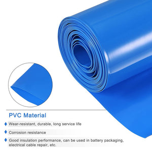 PVC Heat Shrink Blue Tube 1meter - shown as a coiled roll of blue PVC tubing with a circular inset highlighting the flat, flexible material.