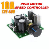 PWM Controller DC Motor Speed Controller 12V-40V 10A - a green circuit board with two black capacitors, a silver heatsink, a fuse, and a black knob.