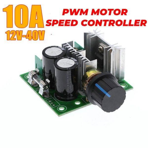PWM Controller DC Motor Speed Controller 12V-40V 10A - a green circuit board with two black capacitors, a silver heatsink, a fuse, and a black knob.