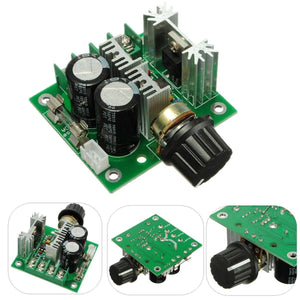 PWM Controller DC Motor Speed Controller 12V-40V 10A - with a green circuit board, two black capacitors, a fuse, heatsinks, and a black rotary knob.