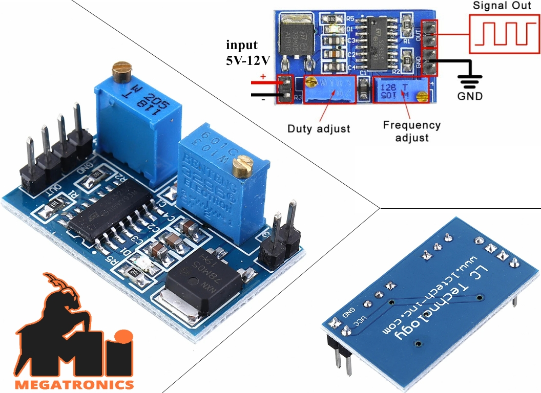 PWM Controller SG3525 Adjustable Frequency 100Hz-100kHz Signal Generator Module DC 5V-12V - shown in three views: a blue circuit board with two adjustable potentiometers, a wiring diagram, and the underside.