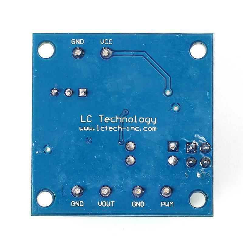 PWM to Voltage Converter Module 0%-100% to 0-10V for PLC MCU Digital to Analog Signal PWM Adjustabl Converter Power Module - a square blue circuit board with six through-hole pins labeled GND, VCC, VOUT, and PWM, and mounting holes at corners.
