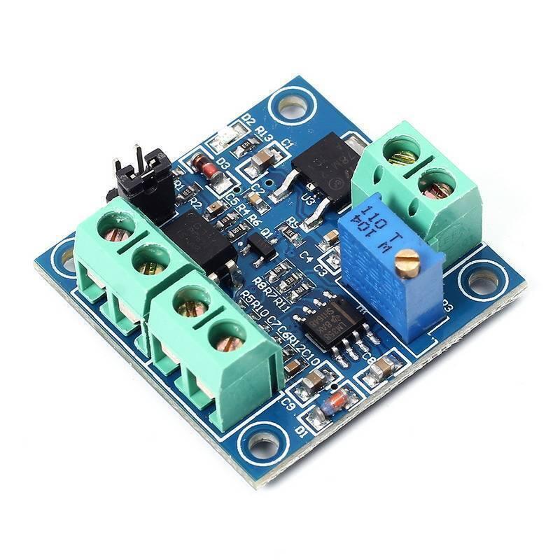 PWM to Voltage Converter Module 0%-100% to 0-10V for PLC MCU Digital to Analog Signal PWM Adjustabl Converter Power Module - a blue circuit board featuring a blue potentiometer, two green screw terminal blocks, and an integrated circuit chip.