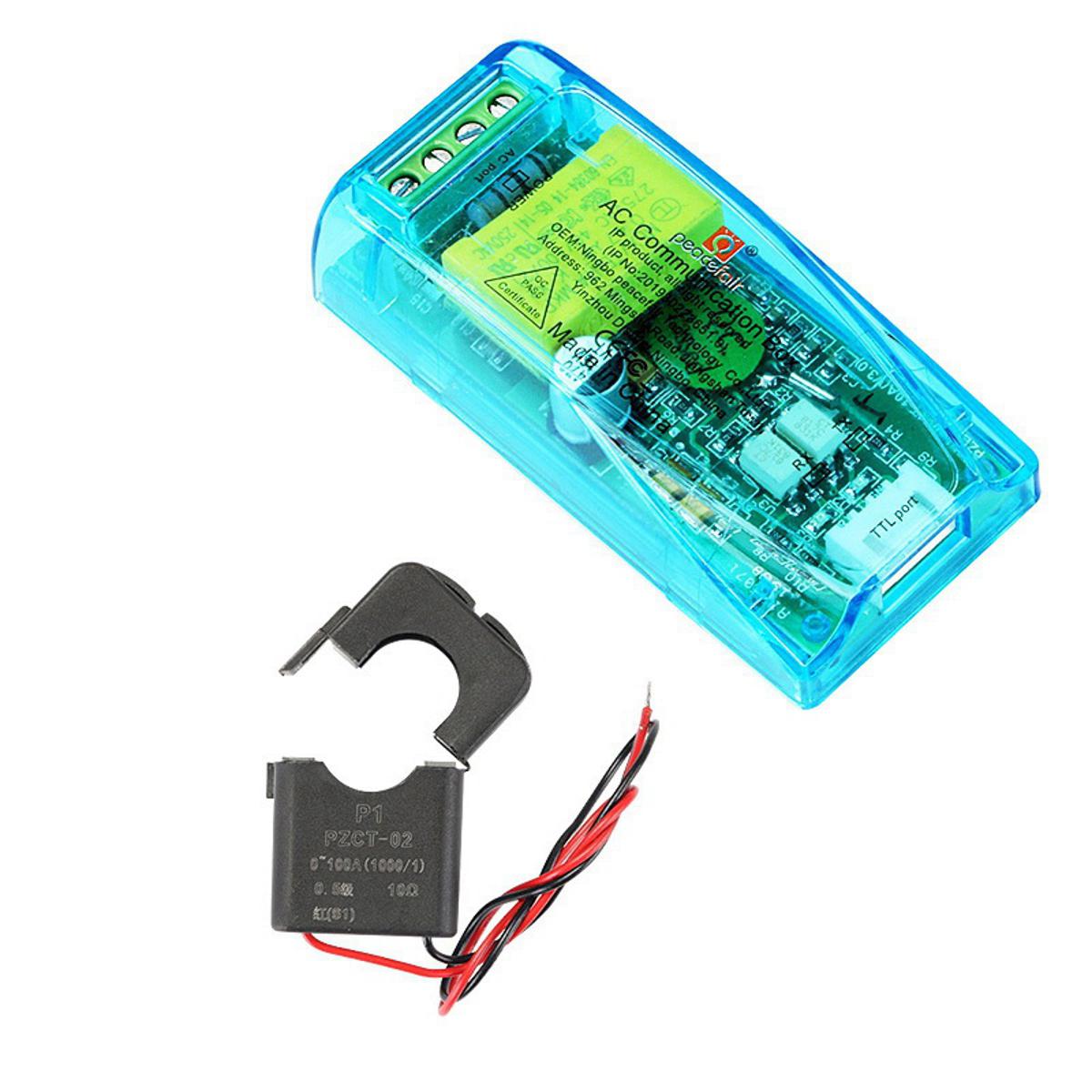 Pzem-004T 3.0 Version TTL Modbus-rtu Power Meter kWh Meter AC Single Phase 100A Electric Volt Amp Frequency Power Factor Tester - with a transparent blue casing, featuring a TTL port and a separate black split-core current transformer with red-black wires.