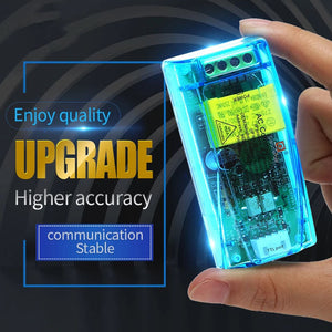 Pzem-004T 3.0 Version TTL Modbus-rtu Power Meter kWh Meter AC Single Phase 100A Electric Volt Amp Frequency Power Factor Tester - a transparent blue plastic casing, a yellow capacitor, screw terminals, and a TTL port.