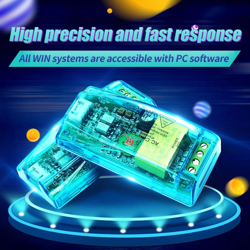 Pzem-004T 3.0 Version TTL Modbus-rtu Power Meter kWh Meter AC Single Phase 100A Electric Volt Amp Frequency Power Factor Tester - shown as two transparent blue electronic modules with visible TTL ports and screw terminals on a circular platform.