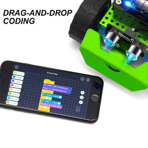 Q-scout STEM Robot For Kids By Robobloq - shown with a green chassis, ultrasonic sensor, and a smartphone displaying a drag-and-drop coding interface.
