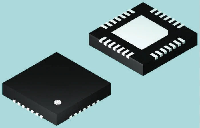 QFN DSPIC30F2010 - two black, square-shaped integrated circuit chips with metal pins along the edges, one viewed from the top and one from the bottom.