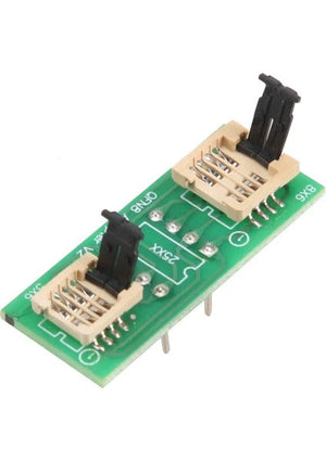 QFN8 WSON8MLF8MLP8DFN8 to DIP8 Universal Two-in-one SocketAdapter for Both 6x5MM and 8x6MM Chips - green circuit board featuring two beige chip sockets with black latches and gold-plated pins underneath.