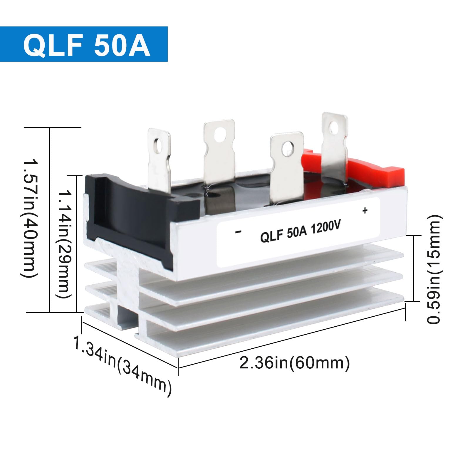 QL 50A 1200V Single Phase Rectifier Bridge with Heat Sink – High Power AC to DC Conversion - shown as a dimensioned product diagram with four metal terminals and a white body.