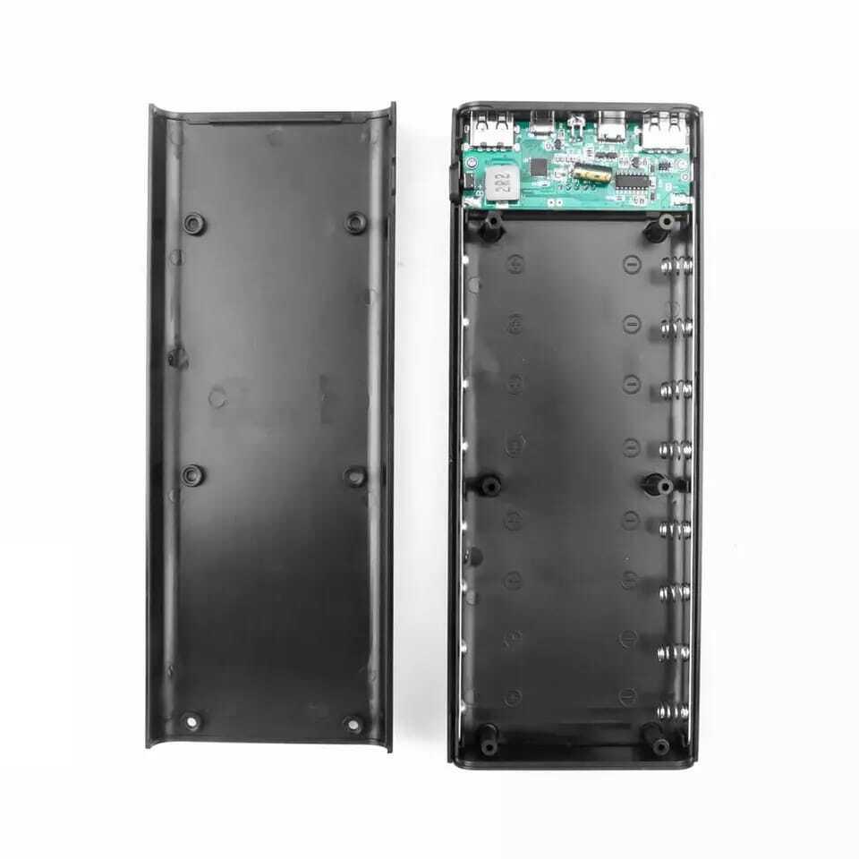 Quick Charging Qc 3.0 Fast Charging DIY Power Bank 8x18650 Portable USB Port Power Bank - shown as an open black plastic casing with an internal circuit board and battery slots.