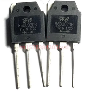 R60U02DB Diode Rectifier for Efficient Power Applications and Inverters - two black, three-pin electronic components with the model number and diode symbol printed on the front.