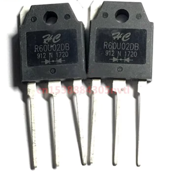 R60U02DB Diode Rectifier for Efficient Power Applications and Inverters - two black, three-pin electronic components with the model number and diode symbol printed on the front.