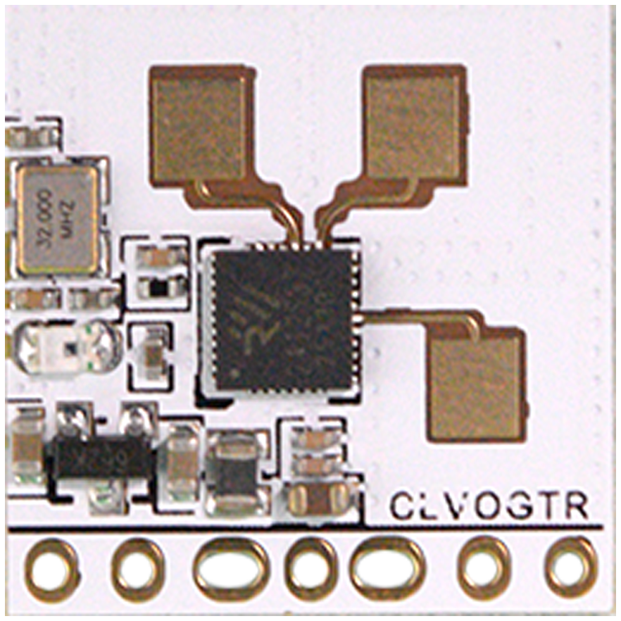RA24A18 24GHz Presence Sensor Module – Human Motion Presence Sensor Module mmWave Radar Technology - a white square circuit board with a central black chip, a 32.000 MHz crystal, and seven gold-plated connection pins.