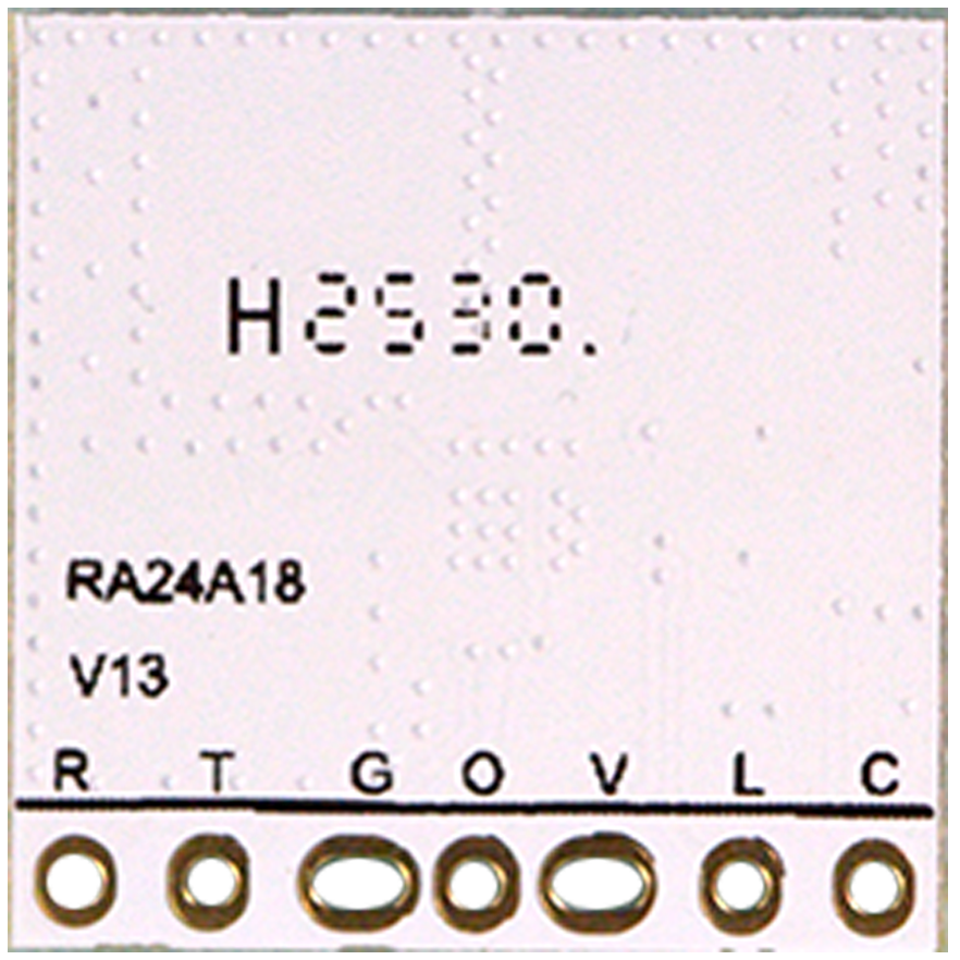 RA24A18 24GHz Presence Sensor Module – Human Motion Presence Sensor Module mmWave Radar Technology - a white square circuit board printed with "H2530", "RA24A18", "V13", and seven labeled connection ports.