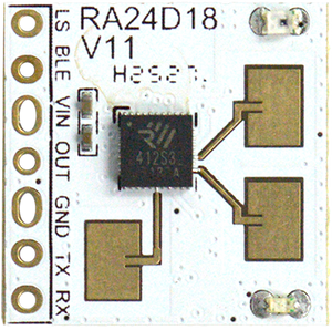 RA24D18 24GHz Presence Sensor Module – Bluetooth Version 5.0, Human Detection & Occupancy Monitoring - a white square circuit board with a central chip, three copper antenna pads, and six labeled pin holes on the side.