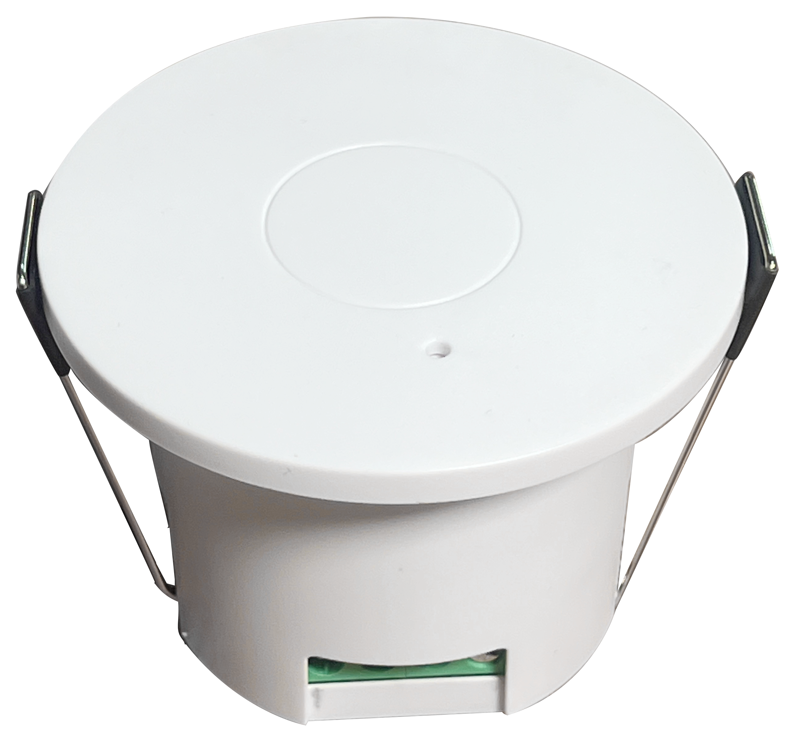 RA24K45 24GHz Presence Sensor Switch – Integrated mmWave Radar Module, Human Motion Detection - a white circular ceiling-mount sensor with metal spring clips and a green terminal block connector at the base.