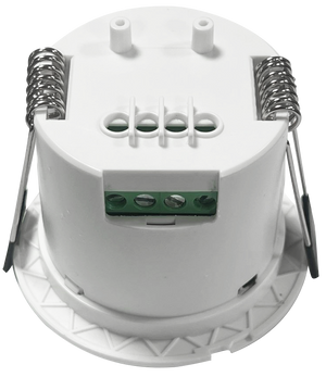 RA24K45 24GHz Presence Sensor Switch – Integrated mmWave Radar Module, Human Motion Detection - a white cylindrical ceiling-mount module featuring two spring-loaded mounting clips and a four-terminal green block.