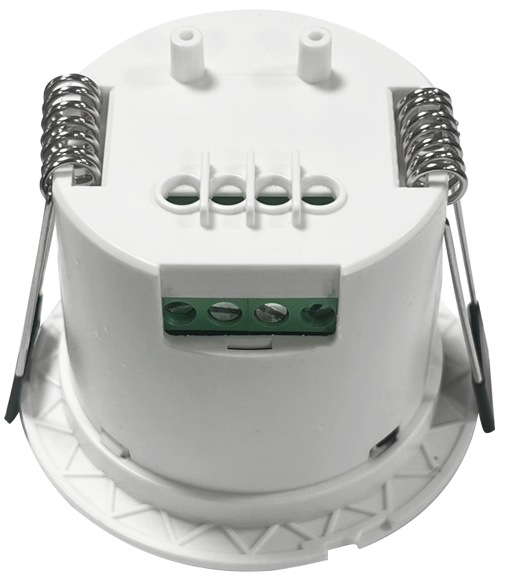 RA24K45 24GHz Presence Sensor Switch – Integrated mmWave Radar Module, Human Motion Detection - a white cylindrical ceiling-mount module featuring two spring-loaded mounting clips and a four-terminal green block.