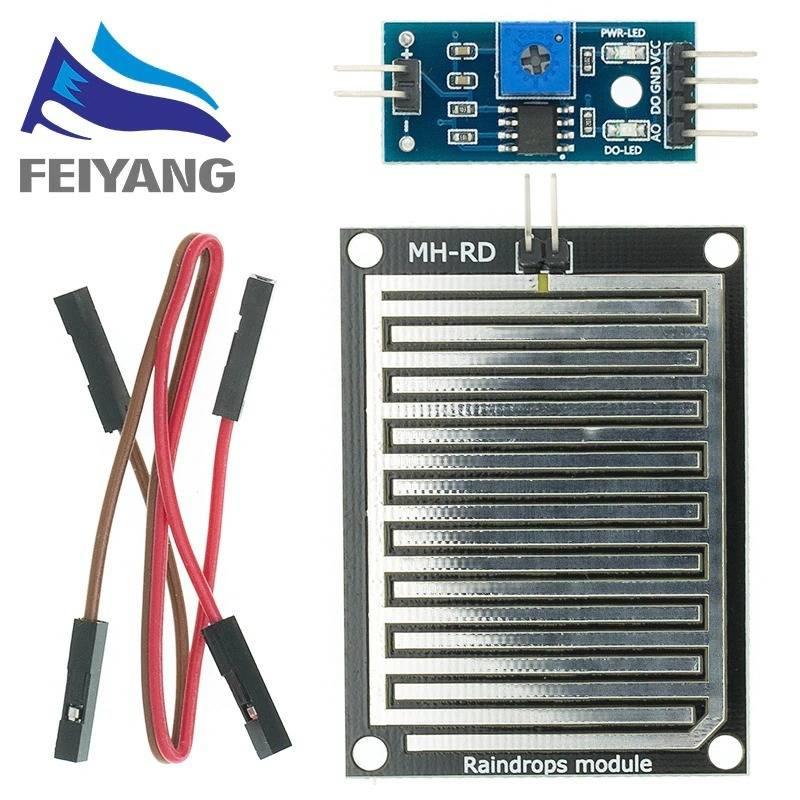 Rain Drops Detection Sensor Module In Paksitan - a black rectangular sensor plate, a blue control board with a potentiometer, and two jumper wire cables.