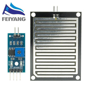 Rain Drops Detection Sensor Module In Paksitan - a blue control board with a potentiometer, pins labeled AO, DO, GND, VCC, and a separate black sensing plate.