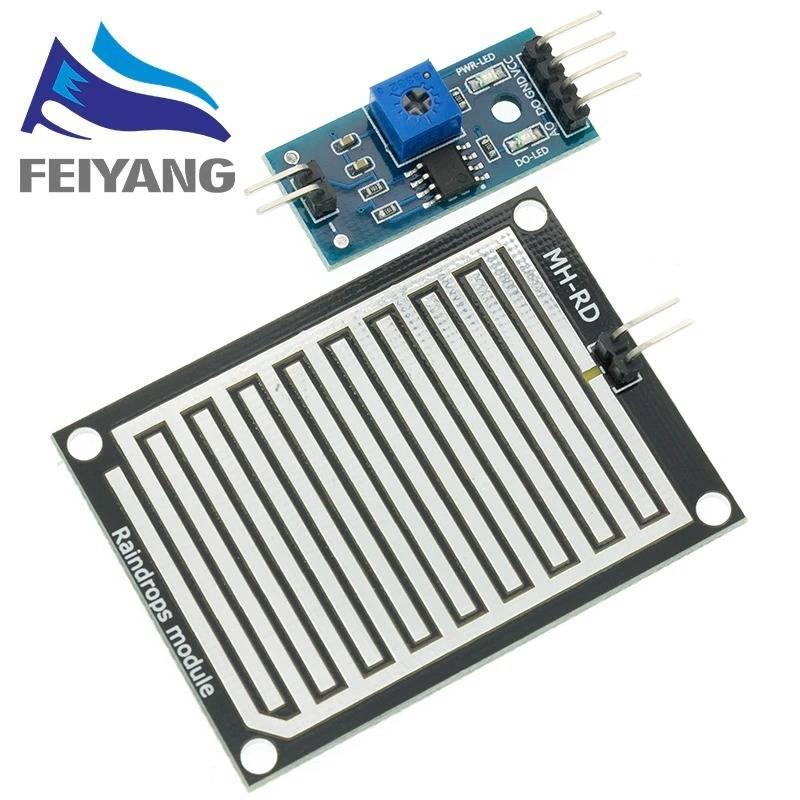Rain Drops Detection Sensor Module In Paksitan - a blue control board with a potentiometer and a black rectangular sensor plate with white conductive traces.