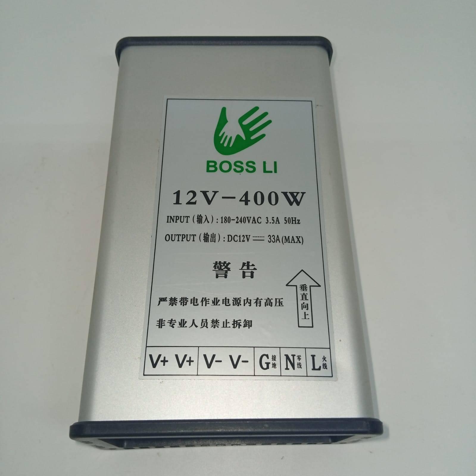 Rainproof 400W 12V 33A Switching Power Supply Driver - shown as a silver rectangular unit with a label detailing input, output, and terminal connection ports.