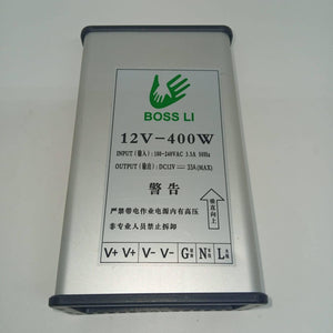 Rainproof 400W 12V 33A Switching Power Supply Driver - shown as a silver rectangular unit with a label detailing input, output, and terminal connection ports.