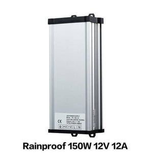 Rainproof Power Supply 12V 150W Outdoor SMPS For LED Landscape Lighting - a silver, rectangular metal unit with a terminal block label showing input/output markings and CE certification.