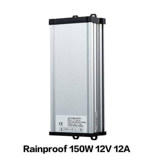 Rainproof Power Supply 12V 150W Outdoor SMPS For LED Landscape Lighting - a silver, rectangular metal unit with a terminal block label showing input/output markings and CE certification.