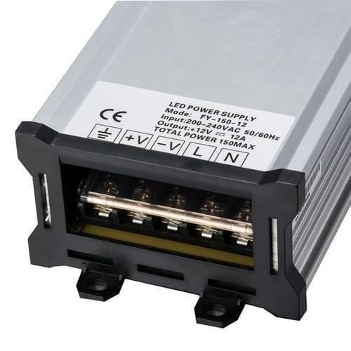 Rainproof Power Supply 12V 150W Outdoor SMPS For LED Landscape Lighting - a close-up view of the silver metal casing showing the terminal block with ground, positive, negative, live, and neutral.