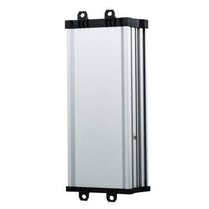 Rainproof Power Supply 12V 150W Outdoor SMPS For LED Landscape Lighting - shown as a rectangular silver metal unit with black end caps featuring mounting tabs and a single side screw.