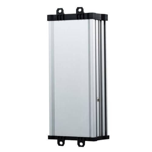 Rainproof Power Supply 12V 150W Outdoor SMPS For LED Landscape Lighting - shown as a rectangular silver metal unit with black end caps featuring mounting tabs and a single side screw.