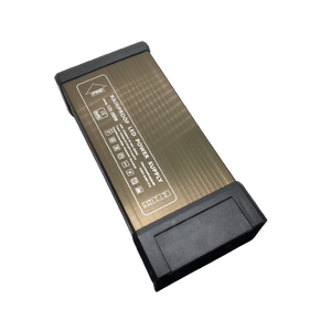 Rainproof Power Supply 12V 200W Outdoor SMPS For LED Landscape Lighting - a rectangular, gold-toned metal SMPS unit with black end caps and printed technical specifications on its surface.