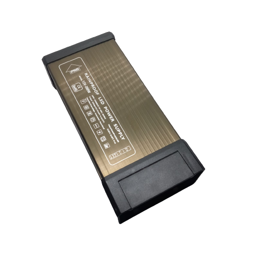 Rainproof Power Supply 12V 200W Outdoor SMPS For LED Landscape Lighting - a rectangular, gold-toned metal SMPS unit with black end caps and printed technical specifications on its surface.