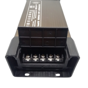 Rainproof Power Supply 12V 200W Outdoor SMPS For LED Landscape Lighting - a close-up of the terminal block with five screw connectors labeled L, N, G, V-, and V+ under a black plastic cover.
