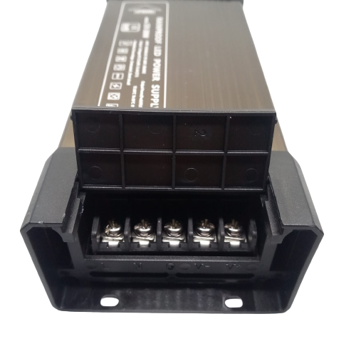 Rainproof Power Supply 12V 200W Outdoor SMPS For LED Landscape Lighting - a close-up of the terminal block with five screw connectors labeled L, N, G, V-, and V+ under a black plastic cover.