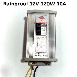 Rainproof Switching Power Supply 12V 120W For Outdoor LED Landscape Lighting - a silver, rectangular, metal-cased unit with a label displaying specifications and wires extending from the bottom.