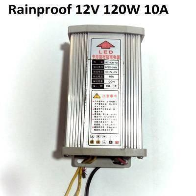 Rainproof Switching Power Supply 12V 120W For Outdoor LED Landscape Lighting - a silver, rectangular, metal-cased unit with a label displaying specifications and wires extending from the bottom.