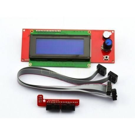 Ramps 1.4 3d Printer 2004 LCD Controller With SD Card Slot - blue screen, a rotary knob, a push button, a ribbon cable, and a small adapter board on a white background.